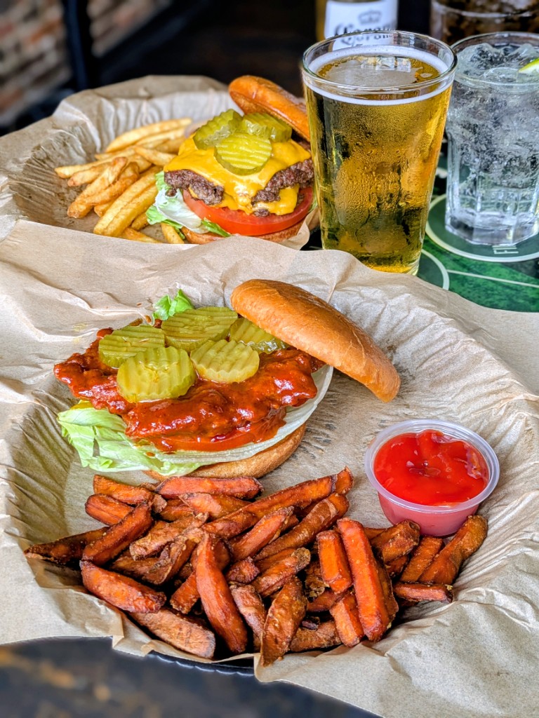 Buffalo chicken sandwich and cheeseburger